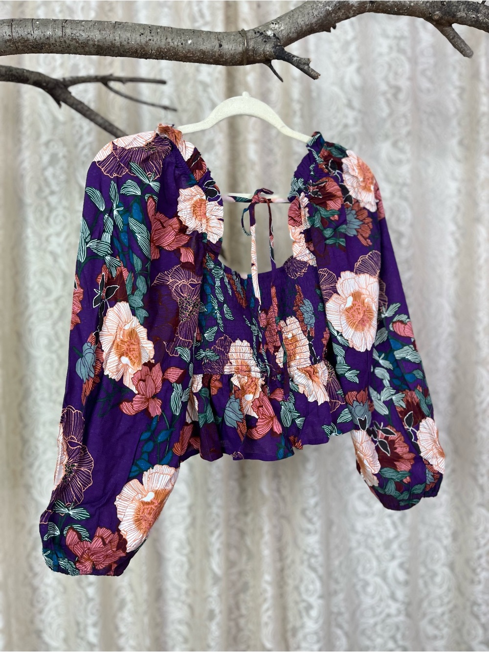 Free People Purple Floral Smocked Crop Top